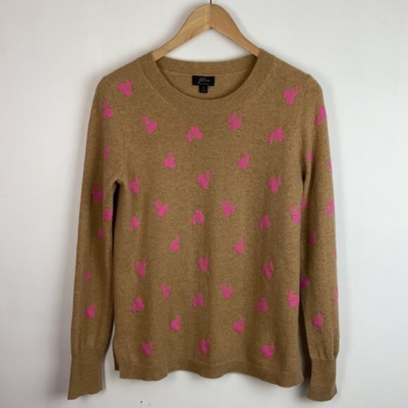 J.Crew S Cashmere Sweater Tan & Pink Cherries Intarsia Neon - Picture 2 of 13